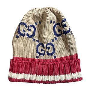GUCCI GG pattern knit cap 597639 Size L Beige x Red Men's Used USED